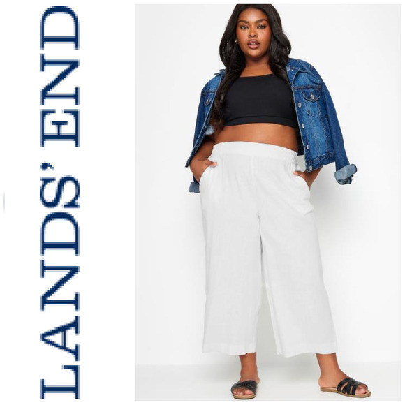 Lands' End Plus Sz 26W White Linen Pull On Cropped Beach Pants Wide Leg Pockets - Picture 1 of 5